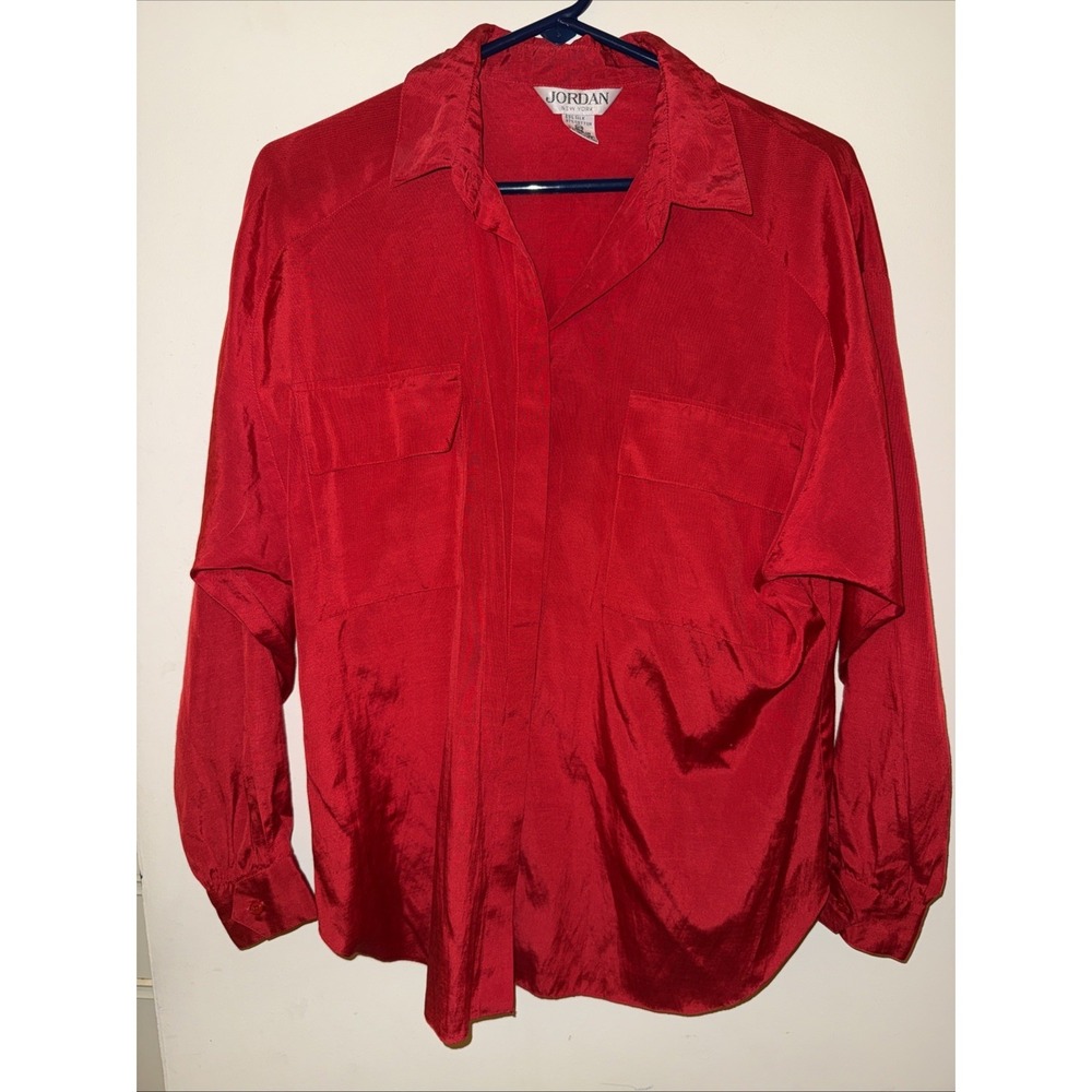 Vintage Jordan Silk Blend Red Blouse 13/14 Long Sleeve Button Up